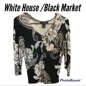 White House Black Market Woman’s Cardigan 3/4 Sleeve Black/White Floral  Small